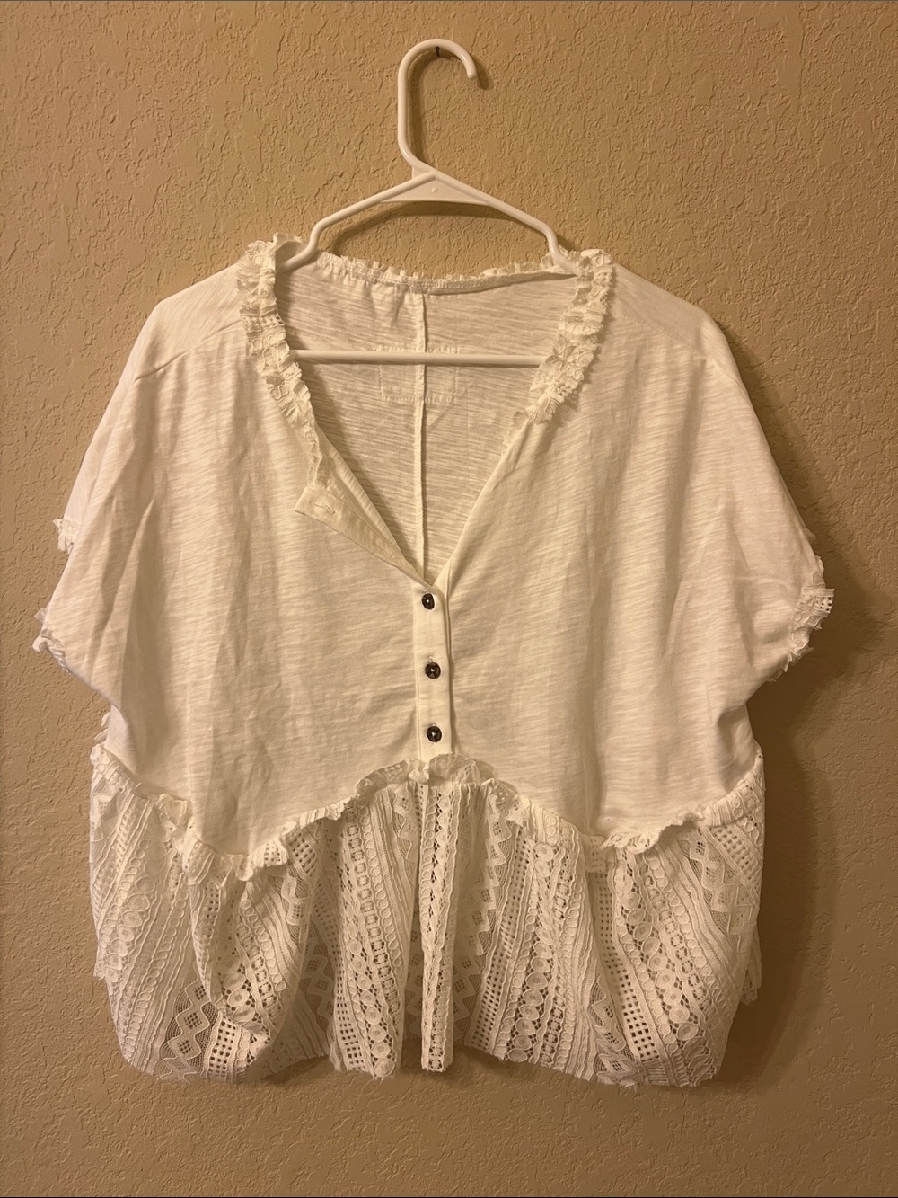 SHEIN White Crochet Panel Button-Front Blouse